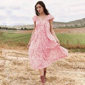 The GREAT. The Whipstitched Plumeria Dress Tiered Floral Cotton Midi Pink 0 XS